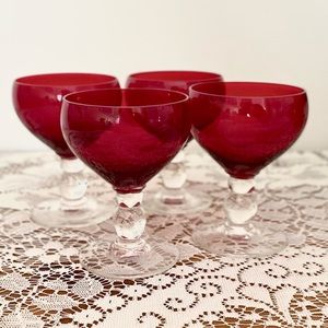 1940’s Set of 4 Vintage Ruby Red Glasses with Ball Stem